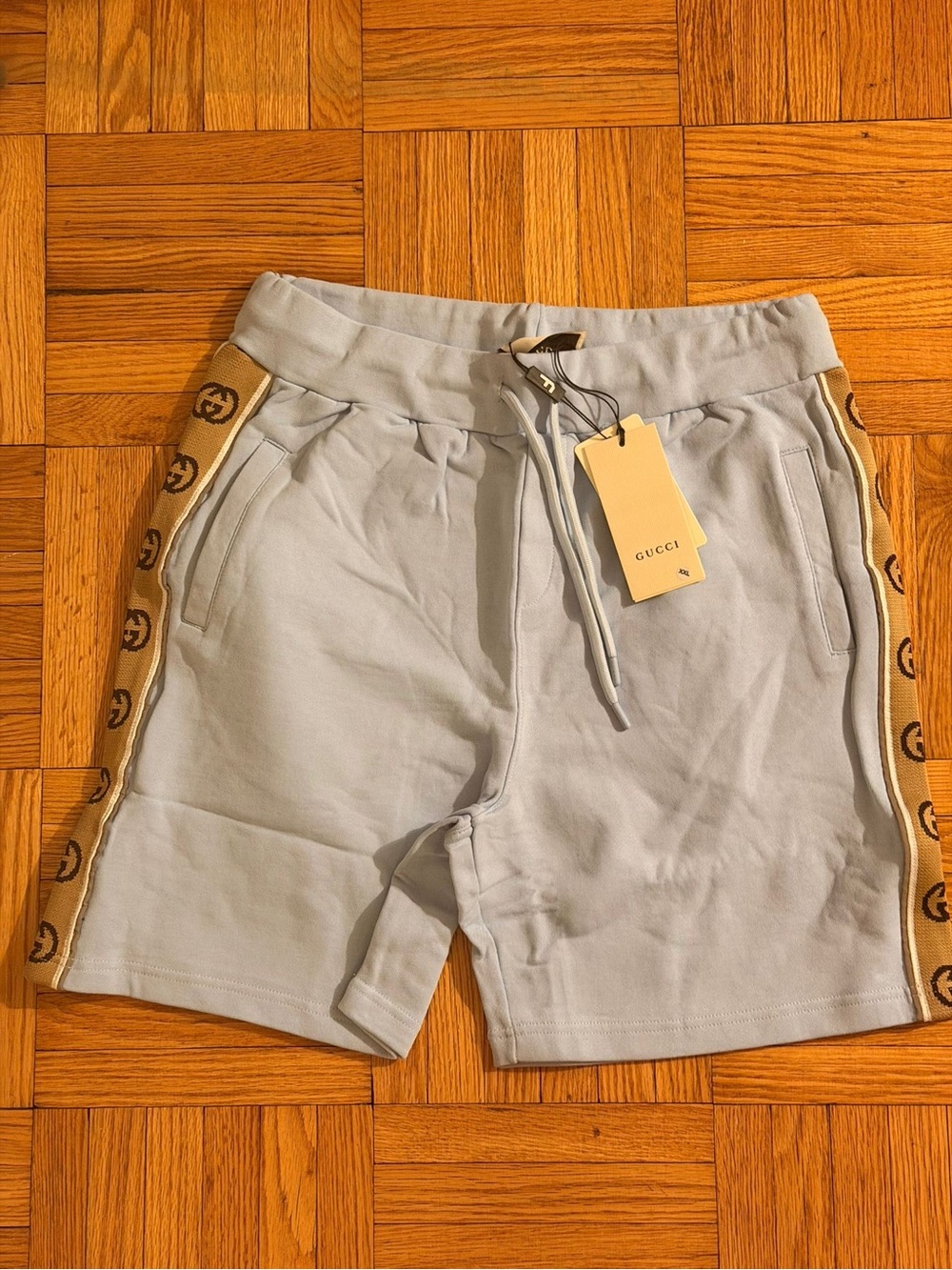 Gucci Light Blue Cotton Track Shorts with Tan Logo Tape